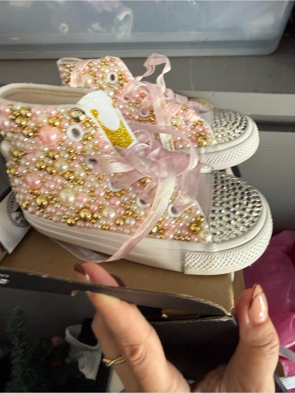 Converse Pink Pearl & Gold Beaded High-Top Sneakers with Crystal Toe